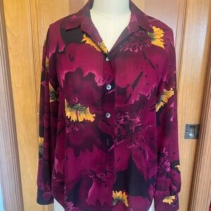 VTG Y2K Liz Claiborne Mobwife Flowy Floral Burgundy Button Down Blouse 8P